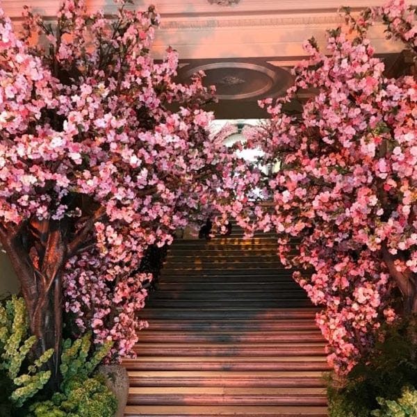 Flowers adorning a staircase
